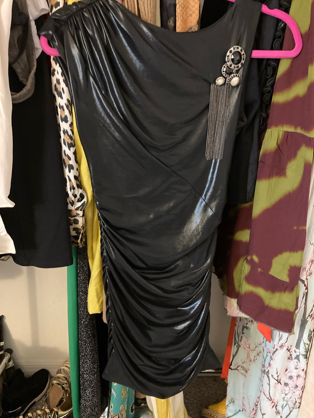 bebe Black Shimmer One-Shoulder Ruched Mini Dress with Brooch